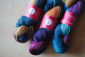Test skeins of SweetGeorgia Tough Love Sock yarn, hand-dyed for Eat Sleep Knit
