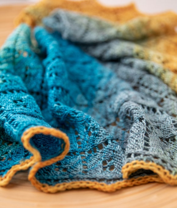 Carrot Thief sock blank gradient knit into Wild Orange lace shawl by Tabetha Hedrick
