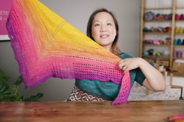 Summer Dusk SweetGeorgia sock blank knit into the Summer Brights shawl pattern on Felicia's Taking Back Friday vlog