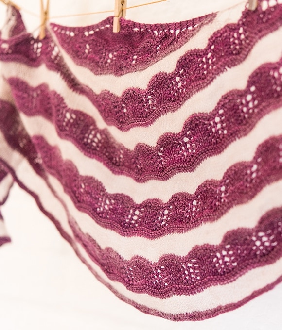 Penfield shawl knitting pattern by Samantha Guerin, knit in SweetGeorgia yarn