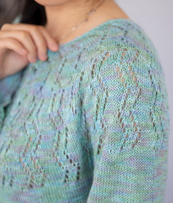 Follow the Tide knitting pattern by Tabetha Hedrick with lace yoke details