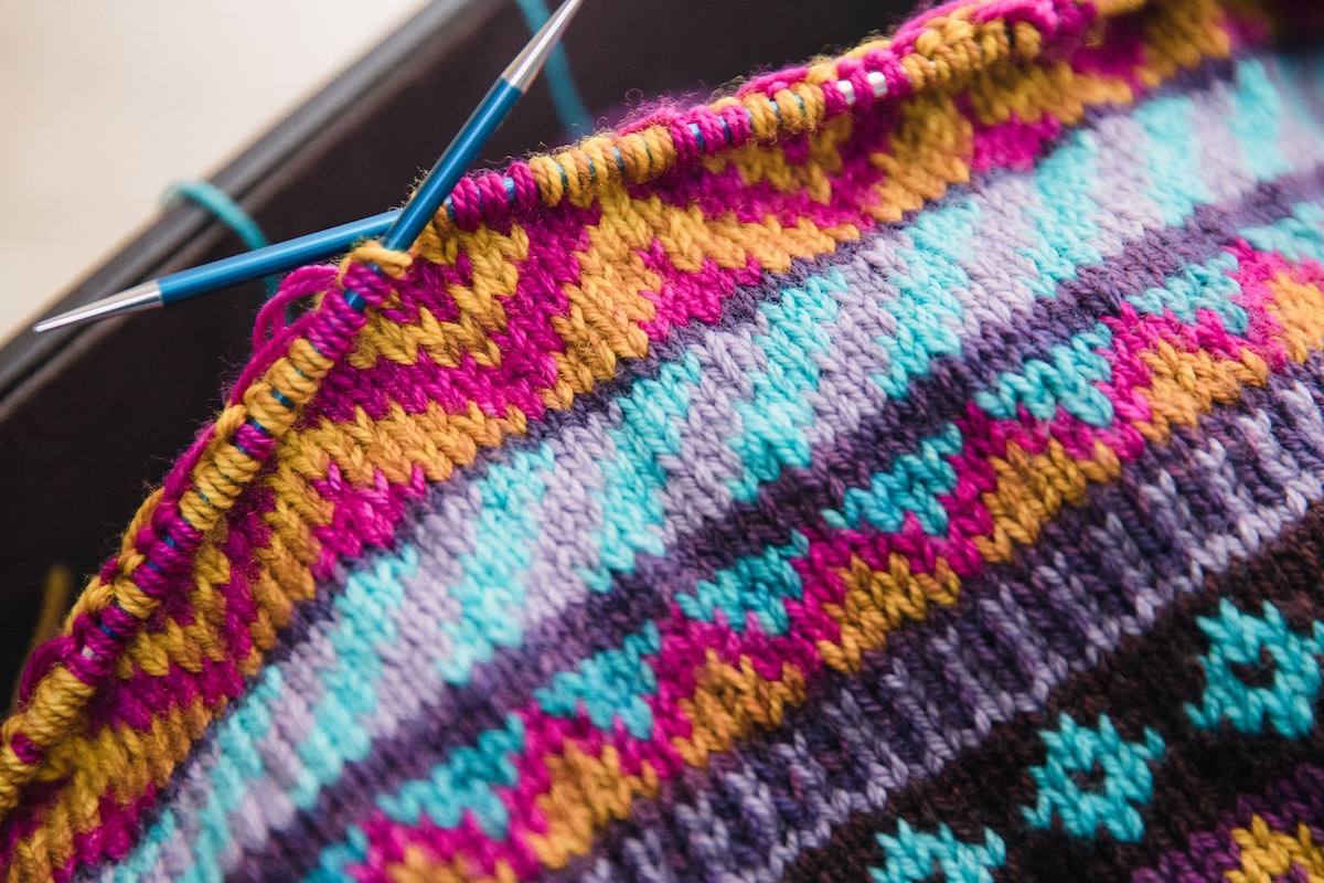 Wild Autumn Cardigan colourwork knitting design by Abbye Dahl knit in SweetGeorgia Superwash DK yarn